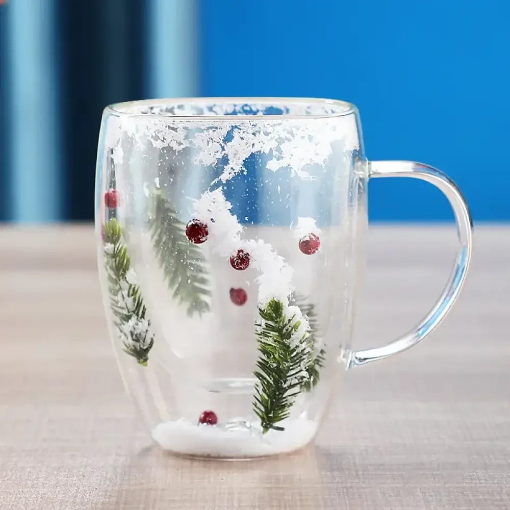 Christmas Double-Layer Glass Cup with Real Dried Flowers – Heat-Resistant Hand-Blown Coffee Mug with Flowing Sand Design