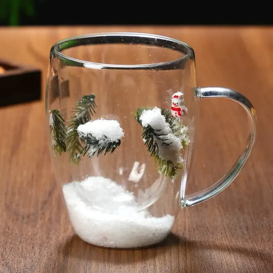 Christmas Double-Layer Glass Cup with Real Dried Flowers – Heat-Resistant Hand-Blown Coffee Mug with Flowing Sand Design