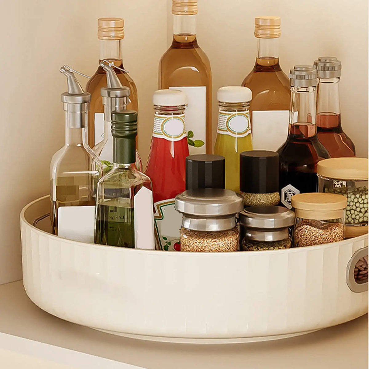 White Rotating Round Tray - 28cm Kitchen Turntable with Handles