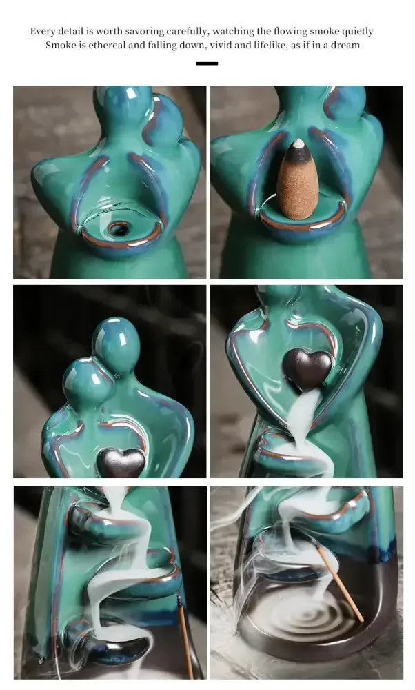Ceramic Lover Backflow Incense Burner Romantic Censer & Stick Holder Decor