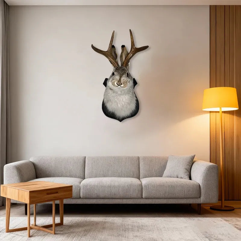 Jackalope Bunny Head Wall Mount – Rustic Antler Decor