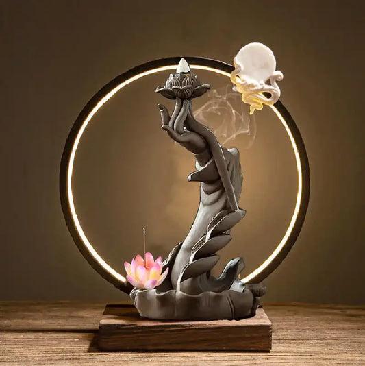 Buddha Hand Lotus Backflow Incense Burner with LED Ring