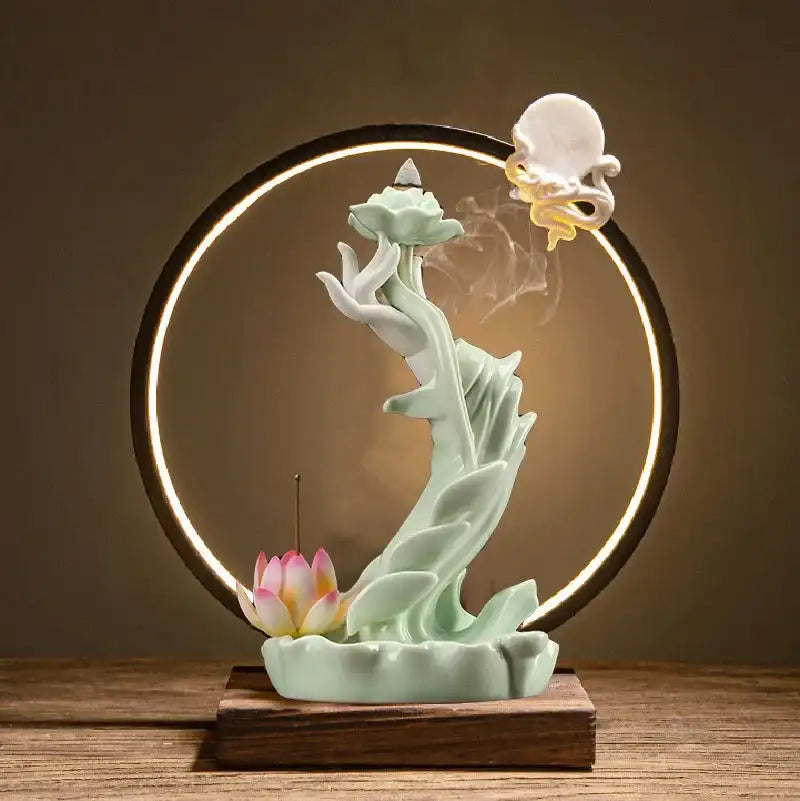 Buddha Hand Lotus Backflow Incense Burner with LED Ring