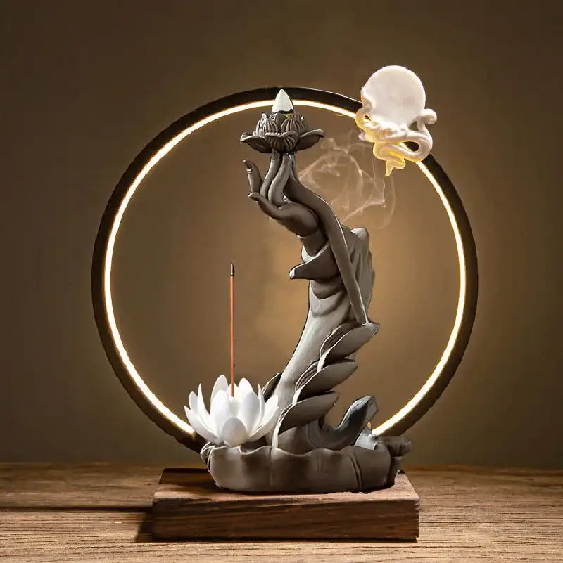 Buddha Hand Lotus Backflow Incense Burner with LED Ring
