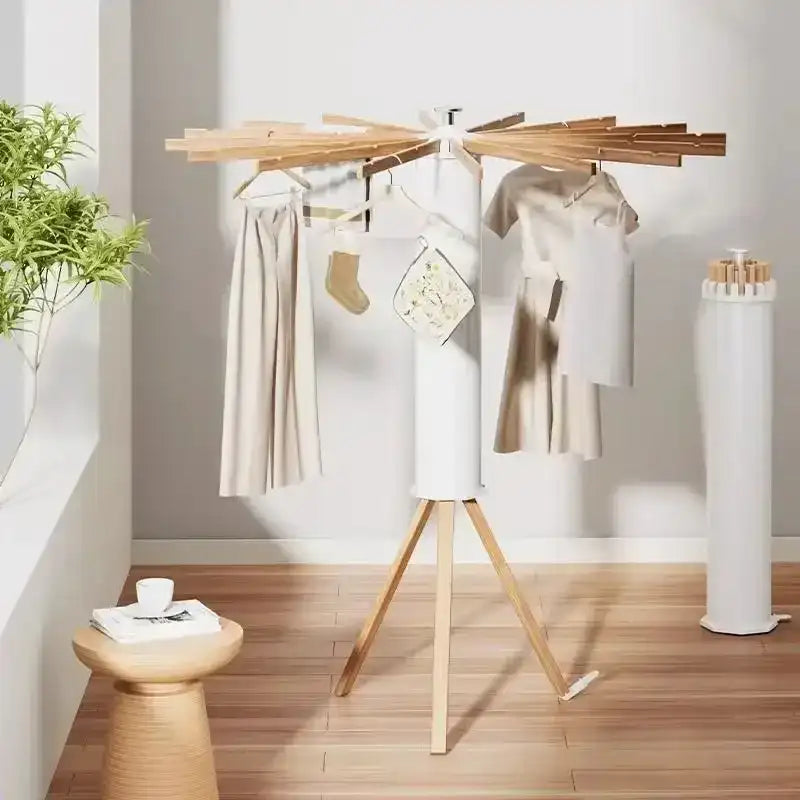 Foldable 360° Rotating Clothes Drying Rack with Wood Arms & Tripod Base