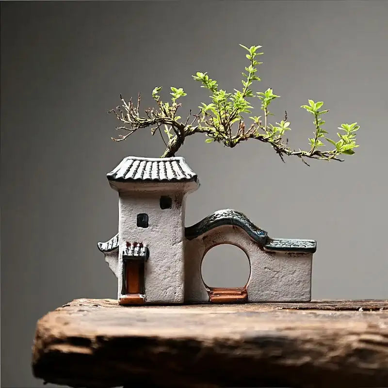 Jiangnan House Ceramic Succulent Planter - Handcrafted Rustic Tabletop Pot