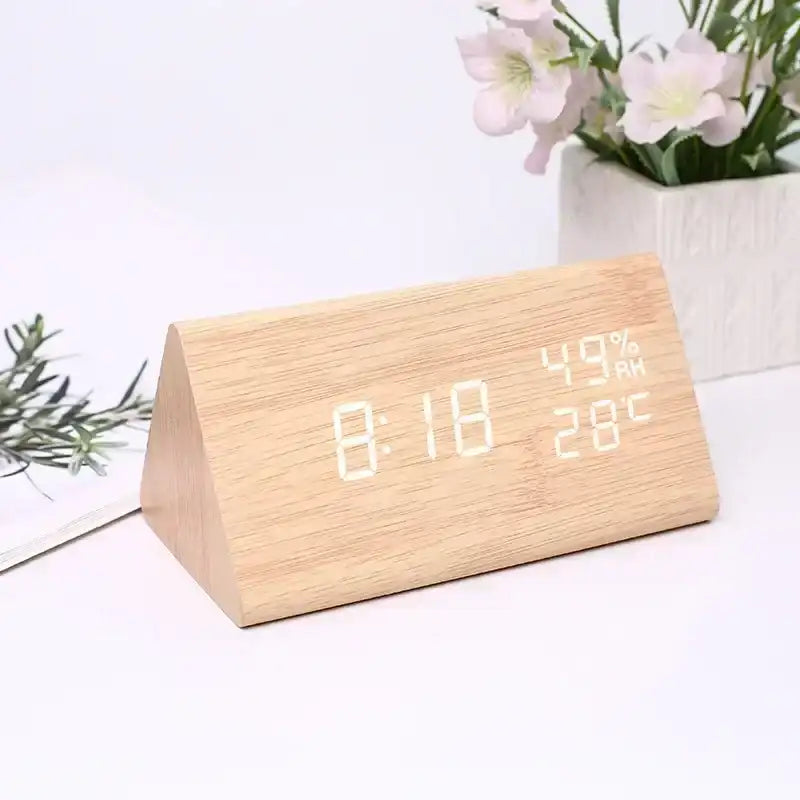 Wooden LED Digital Alarm Clock with Temperature, Humidity & Voice Control