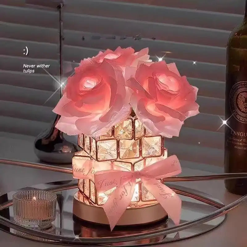 Rose Cube Crystal LED Atmosphere Table Lamp - Eternal Rose Nightlight Gift