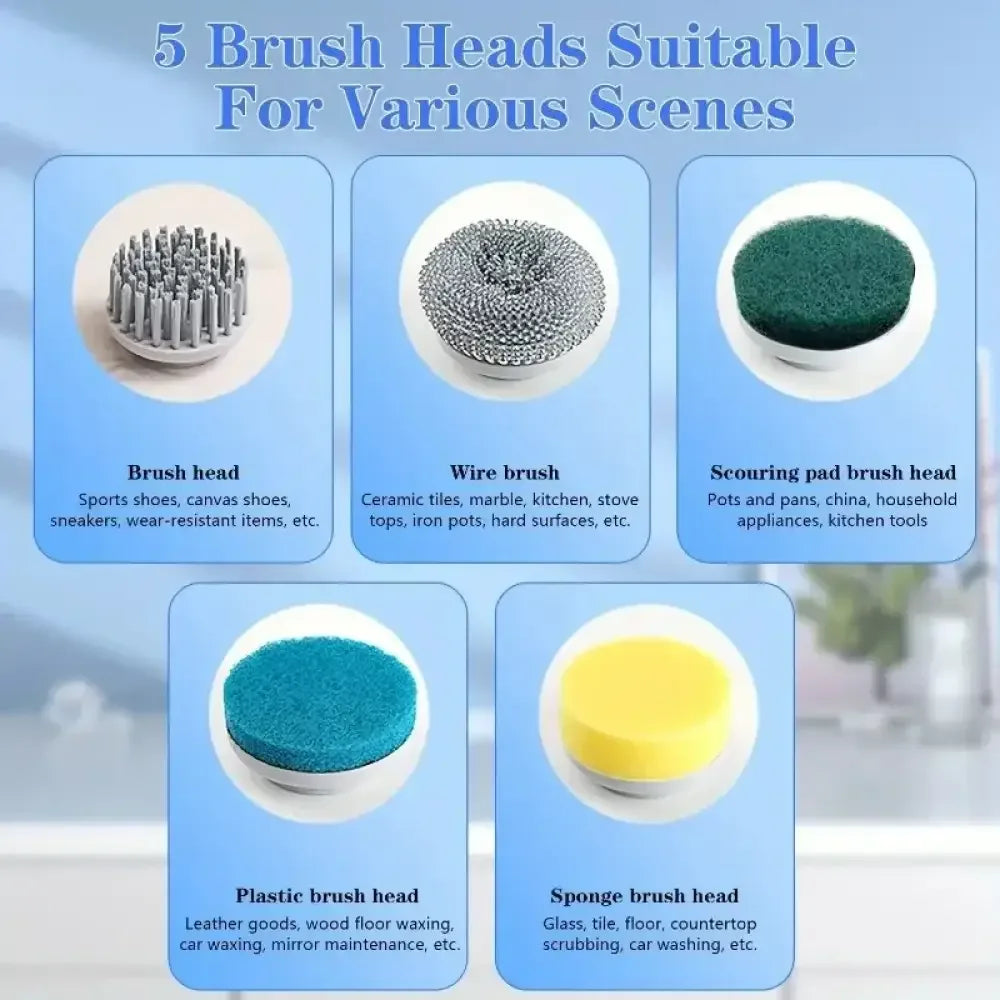 Electric Spin Scrubber with 5 Replaceable Brush Heads – Three-Speed Adjustable Handheld Rechargeable Shower Cleaning Brush