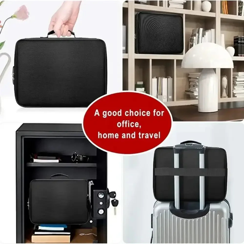 Fireproof Black Document Bag for Laptop, Files & Certificates with Multi-Compartment Storage