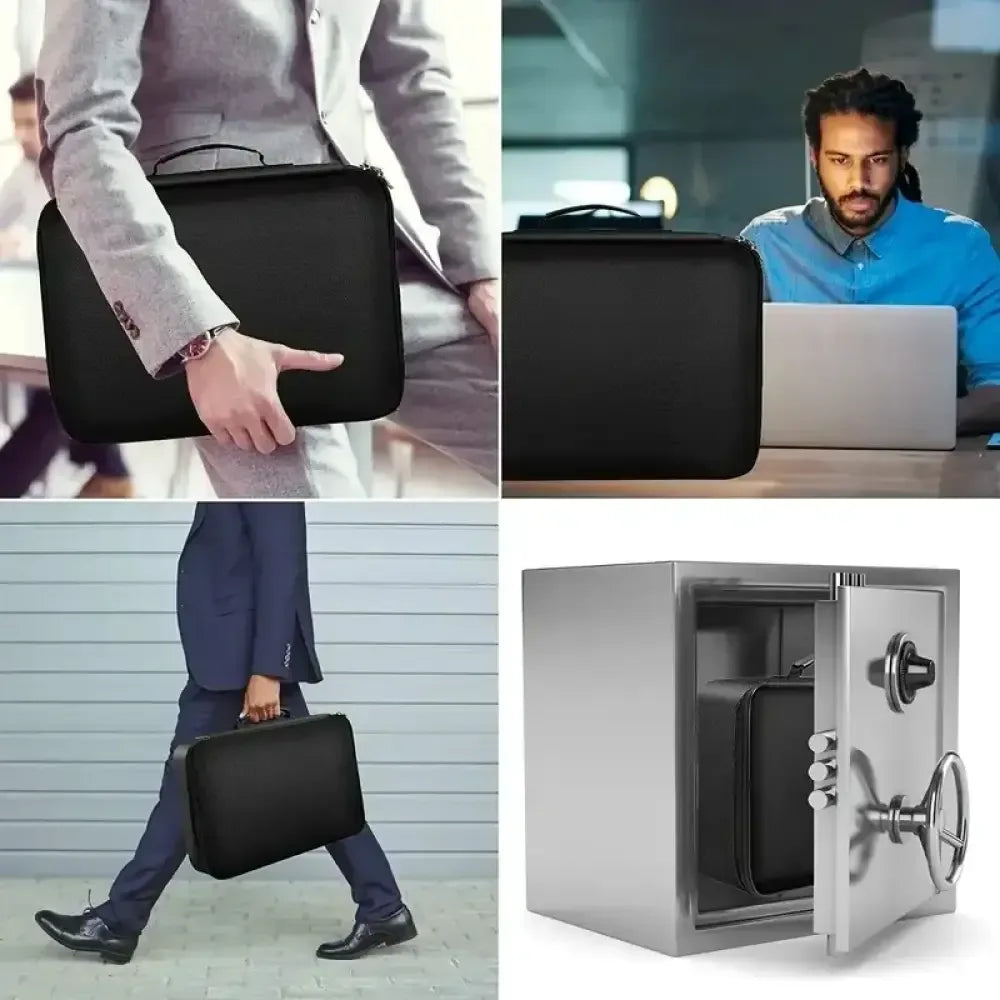 Fireproof Black Document Bag for Laptop, Files & Certificates with Multi-Compartment Storage