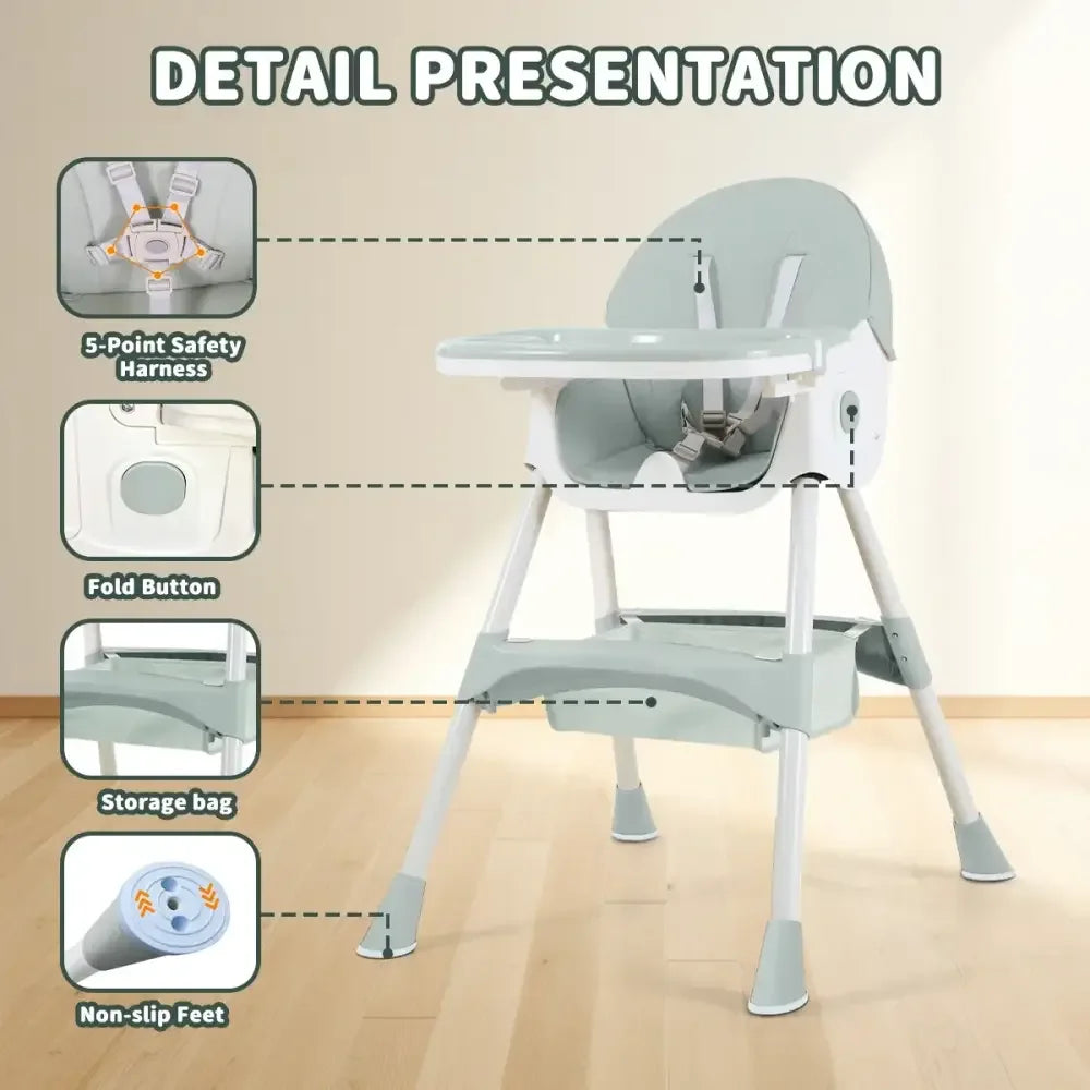 Foldable Baby High Chair 2-in-1 Feeding Chair with Removable Double Tray