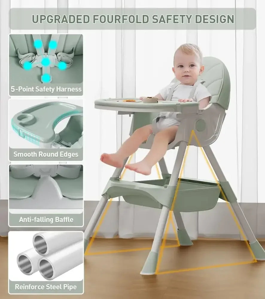 Foldable Baby High Chair 2-in-1 Feeding Chair with Removable Double Tray