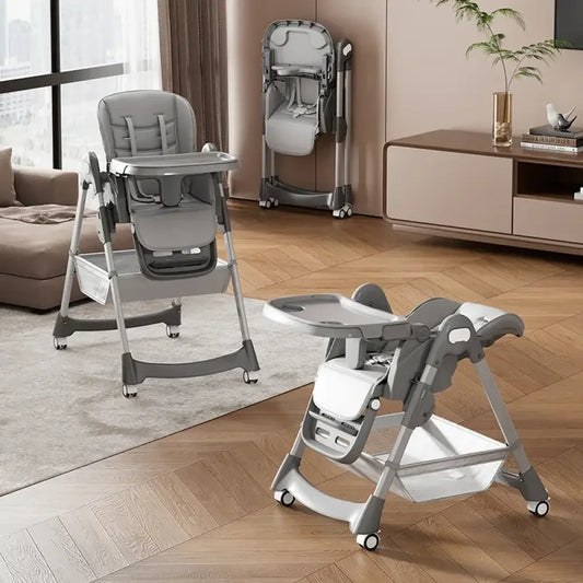Foldable Baby High Chair Adjustable PU Leather Seat with Locking Wheels