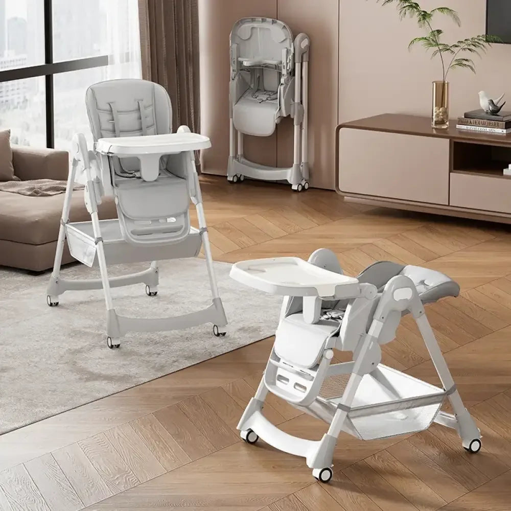 Foldable Baby High Chair Adjustable PU Leather Seat with Locking Wheels
