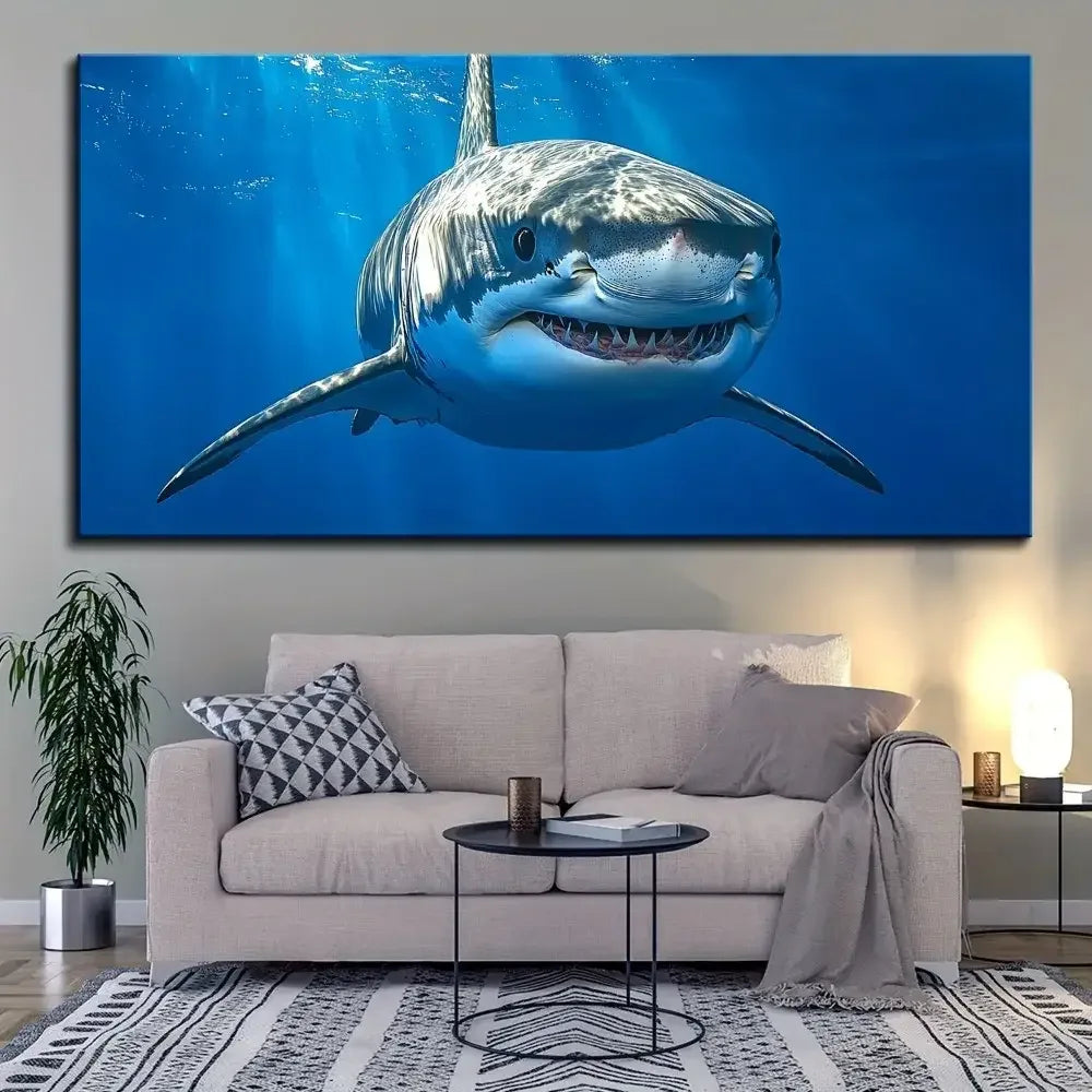 Great White Shark Canvas Wall Art 16x32" Thick Pine Solid Wood Frame