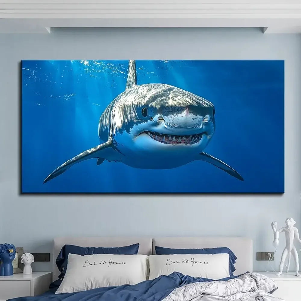 Great White Shark Canvas Wall Art 16x32" Thick Pine Solid Wood Frame