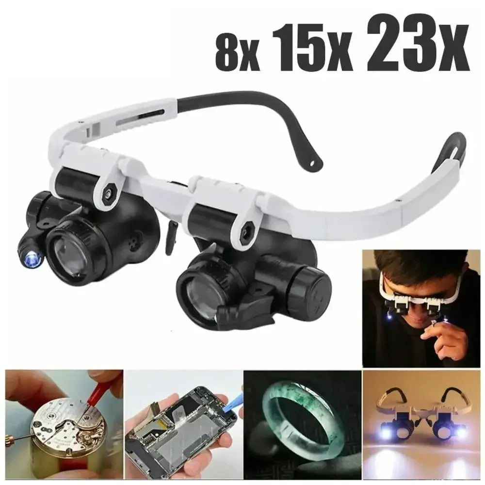 Headband Magnifying Glass with LED Light, Adjustable Jeweler Watch Repair Loupe 8X 15X 23X