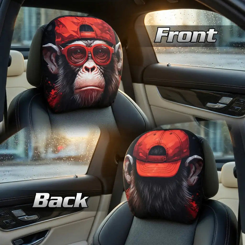 Cool Gorilla Car Headrest Covers - Set of 2, Red Streetwear Design
