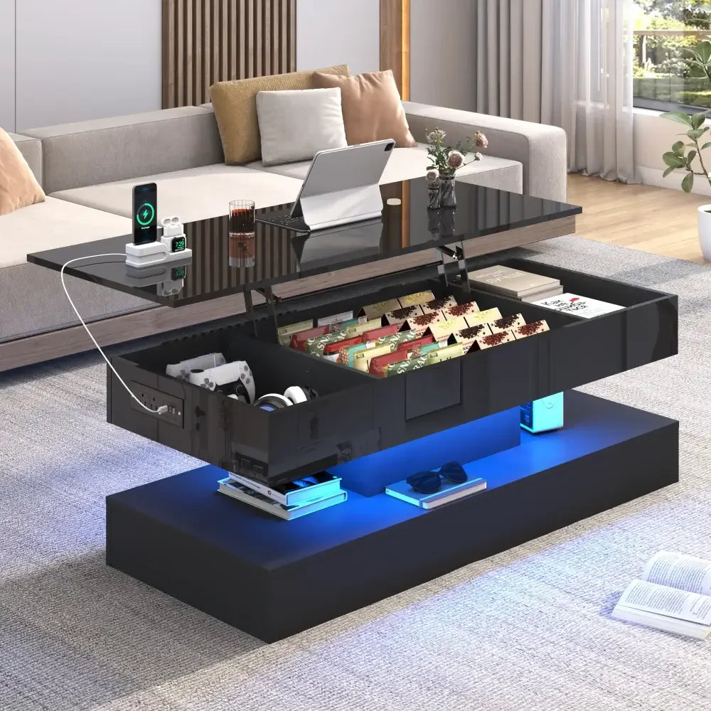 High Gloss LED Coffee Table – Open Shelf, Large Storage & App Control