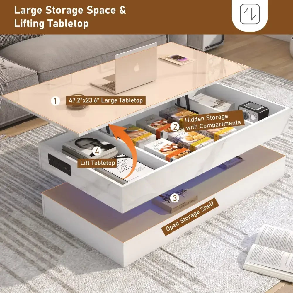 High Gloss LED Coffee Table – Open Shelf, Large Storage & App Control
