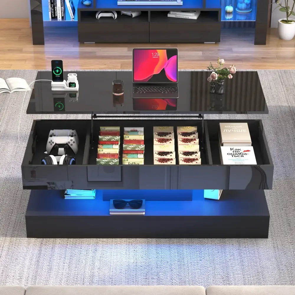 High Gloss LED Coffee Table – Open Shelf, Large Storage & App Control