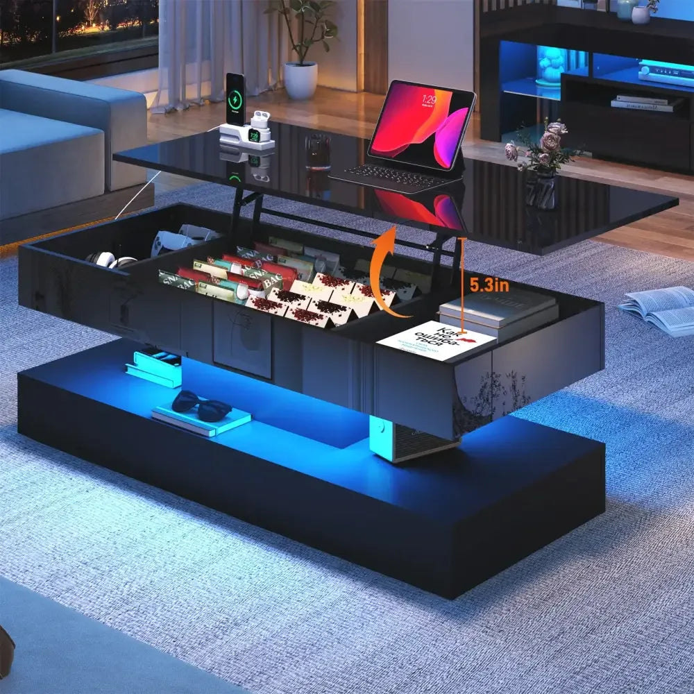 High Gloss LED Coffee Table – Open Shelf, Large Storage & App Control