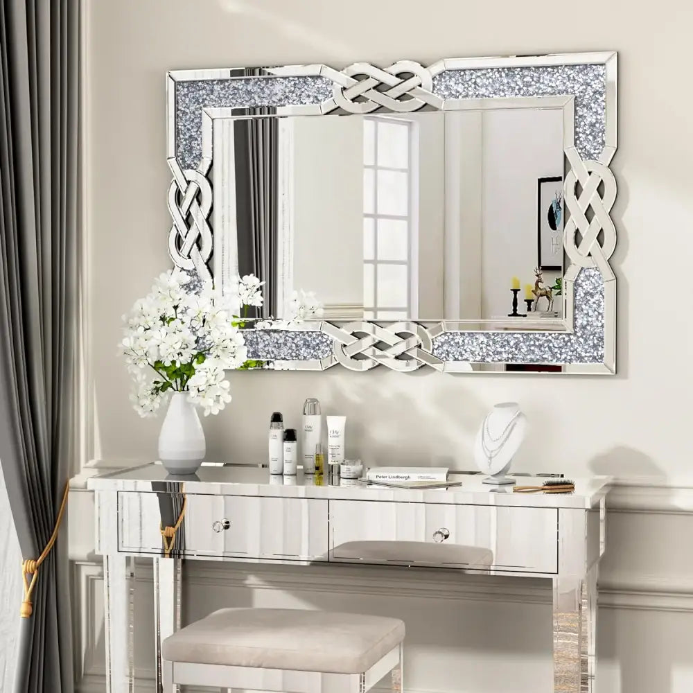 Large Crystal Crush Diamond Mirror Silver Decorative Wall Mirror Home