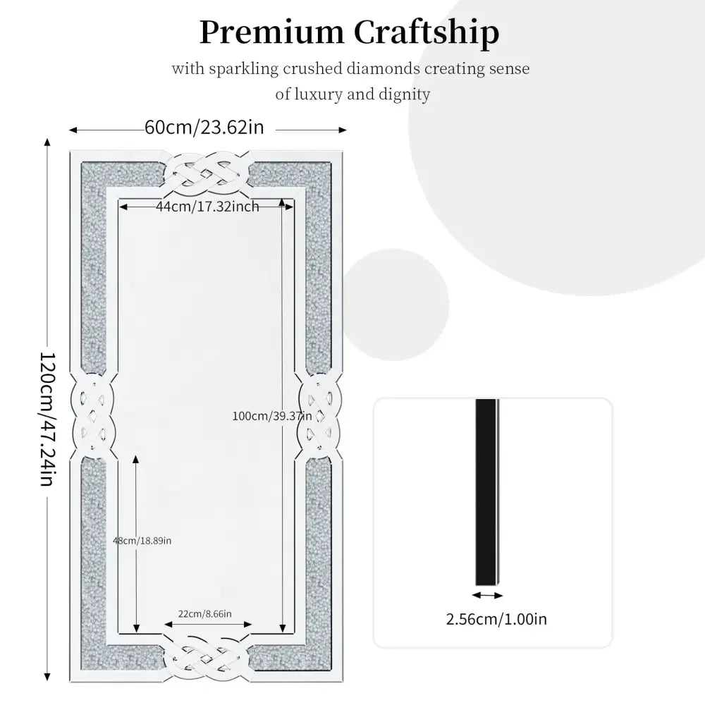 Large Crystal Crush Diamond Mirror Silver Decorative Wall Mirror Home