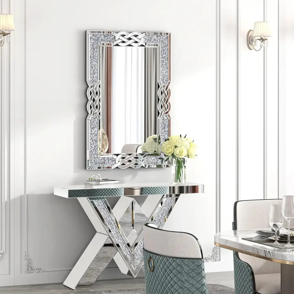 Large Crystal Crush Diamond Mirror Silver Decorative Wall Mirror Home