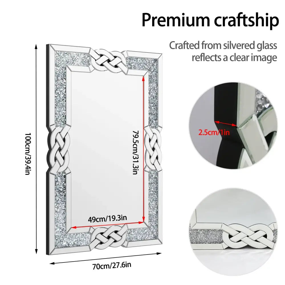Large Crystal Crush Diamond Mirror Silver Decorative Wall Mirror Home