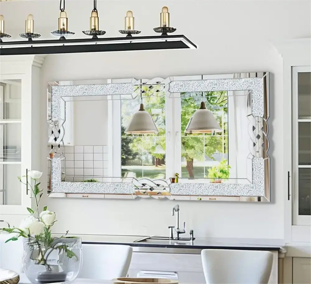 Large Crystal Crush Diamond Mirror Silver Decorative Wall Mirror Home