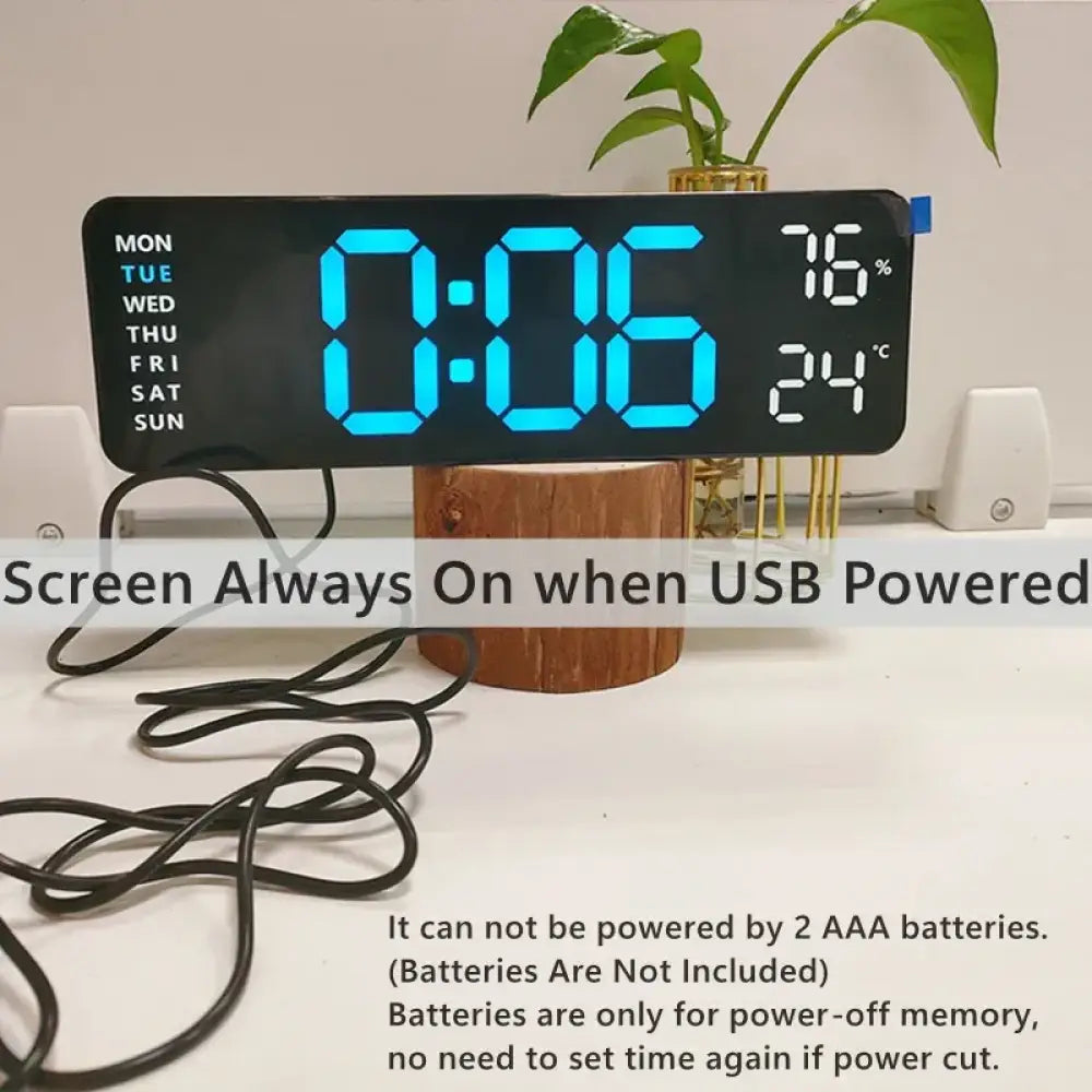 Large Digital Wall Clock – USB Powered LED Clock with Temperature, Humidity, Week Display, Auto Dimmer, DST, and 12/24H Format