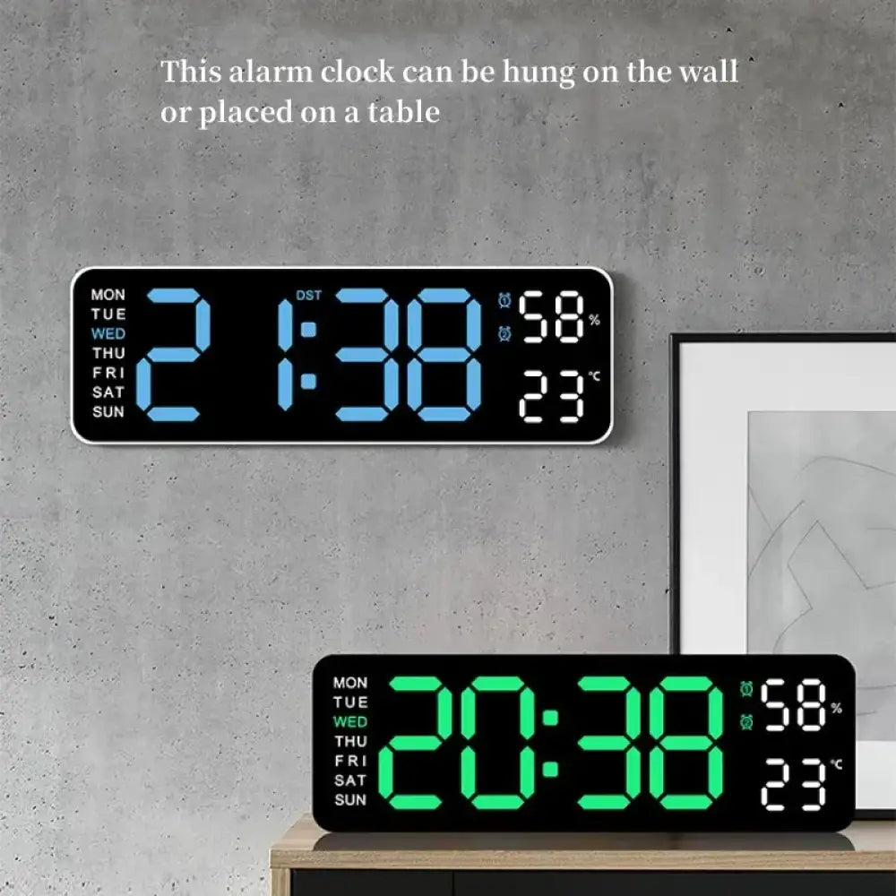 Large Digital Wall Clock – USB Powered LED Clock with Temperature, Humidity, Week Display, Auto Dimmer, DST, and 12/24H Format