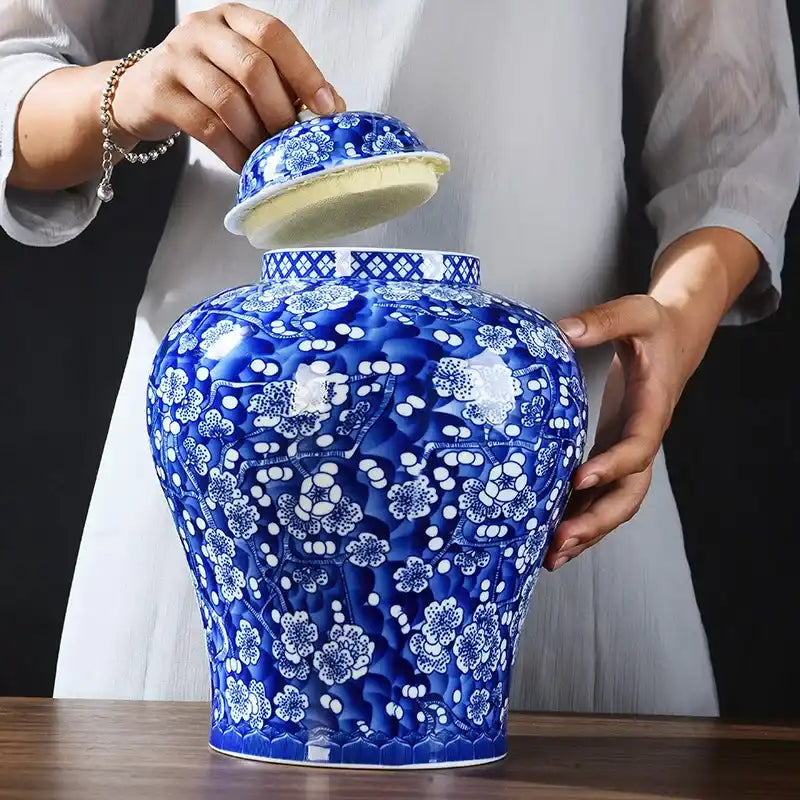 Handcrafted Ceramic Cremation Urn - Blue & White Plum Blossom