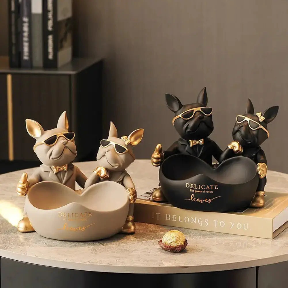 Lovers Bulldog Statue with Bowl Storage Box For Keys Jewelry