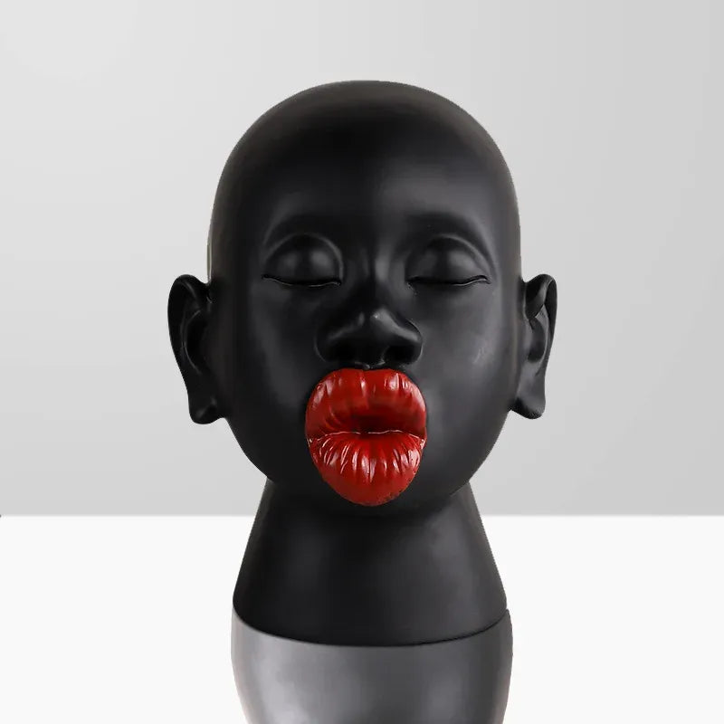 Modern Red Lip Lady Head Sculpture – Resin Art Decor