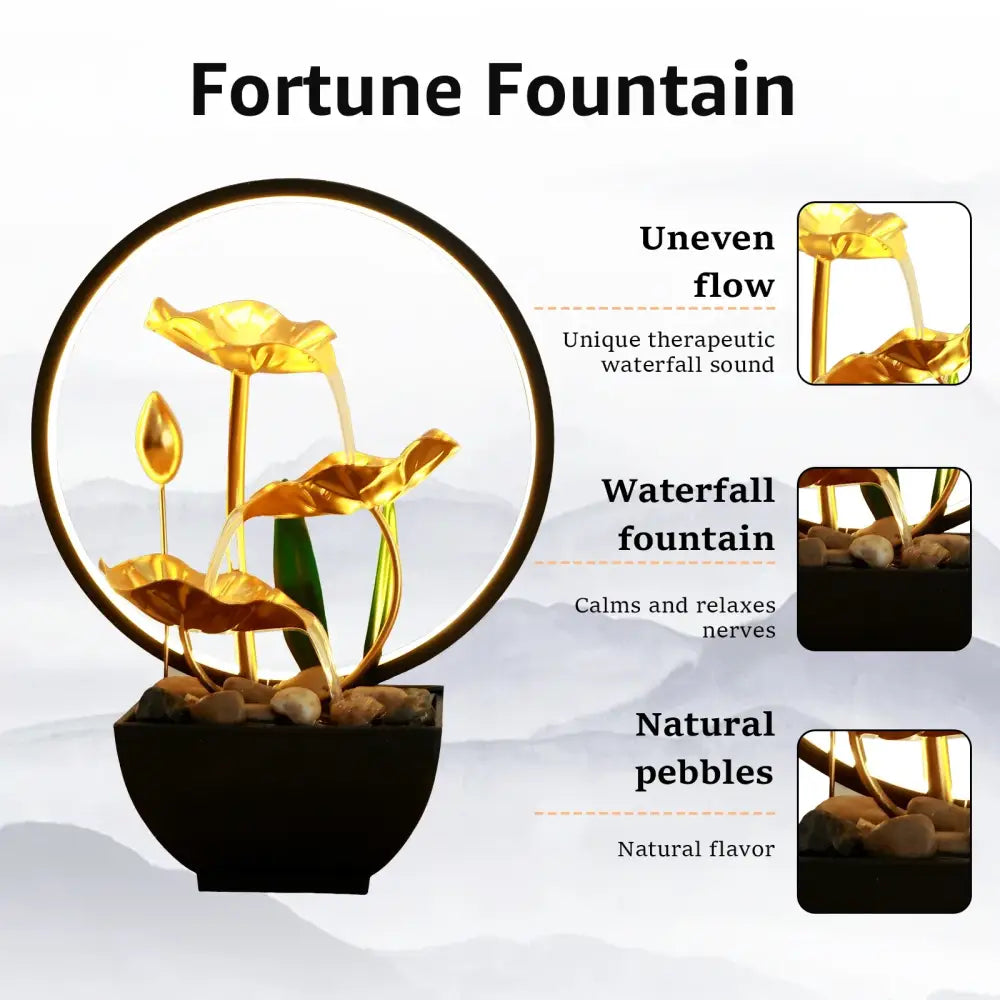 Metal Tabletop Water Fountain with LED Ring Lights & Natural Rocks
