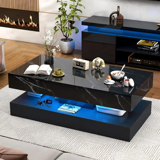 Modern LED Coffee Table – 20 Colors, Double Layer & 2 Storage Drawers
