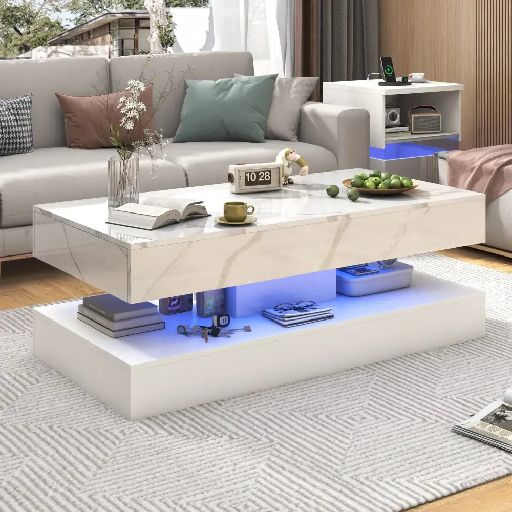 Modern LED Coffee Table – 20 Colors, Double Layer & 2 Storage Drawers