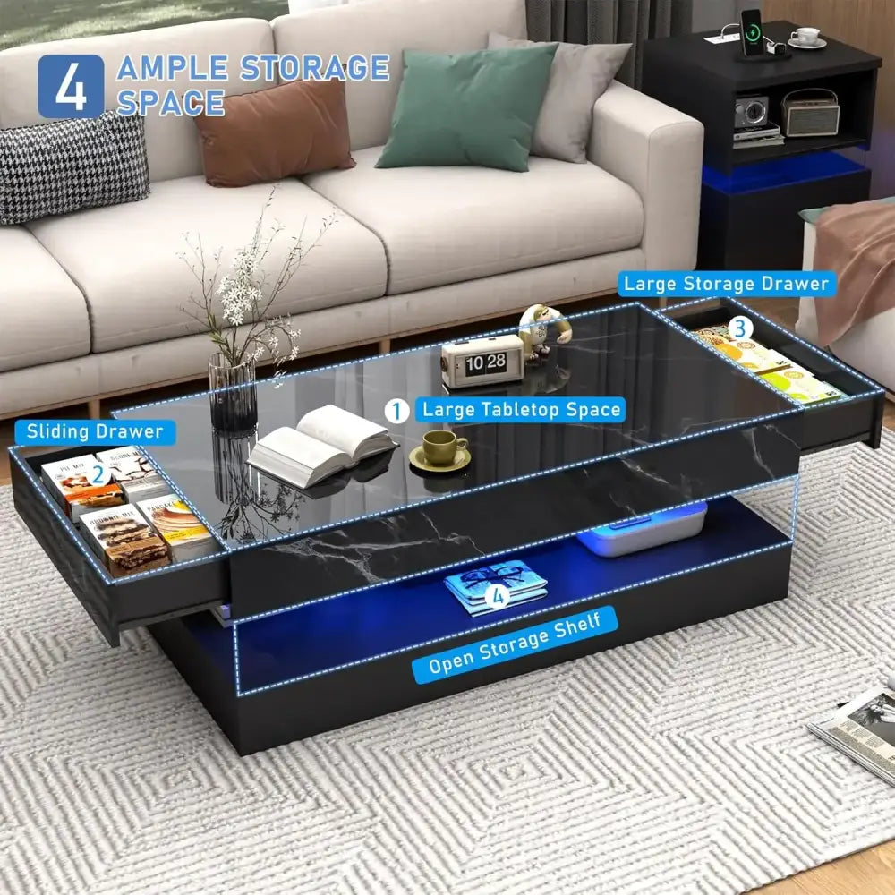 Modern LED Coffee Table – 20 Colors, Double Layer & 2 Storage Drawers