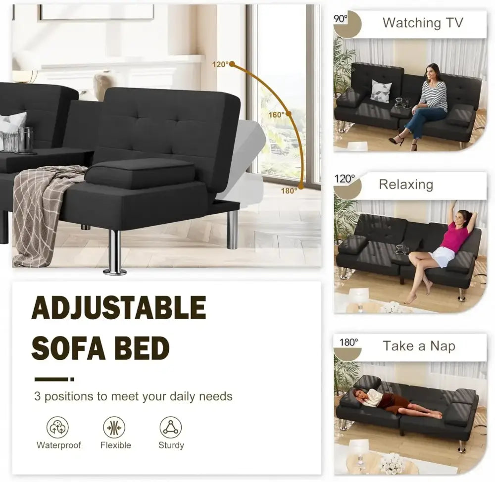 Modern Linen Futon Sofa Bed – 3 Positions, Removable Arms & Cup Holders