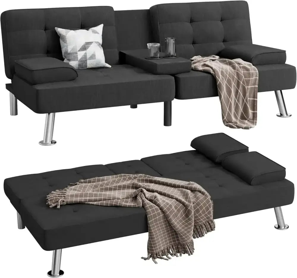 Modern Linen Futon Sofa Bed – 3 Positions, Removable Arms & Cup Holders