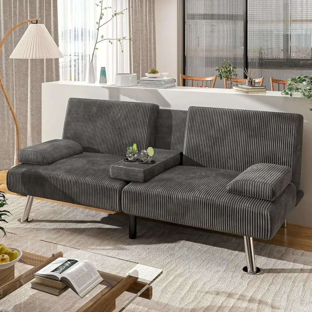 Modern Linen Futon Sofa Bed – 3 Positions, Removable Arms & Cup Holders