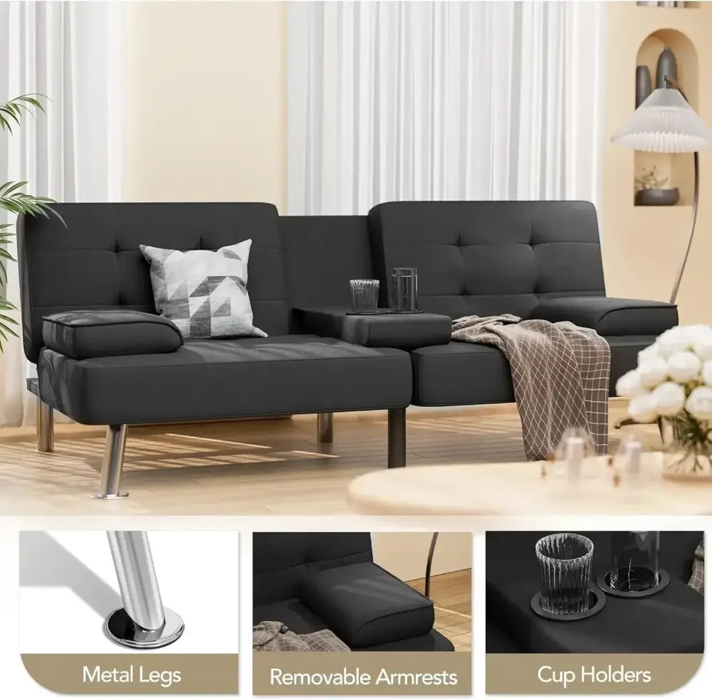 Modern Linen Futon Sofa Bed – 3 Positions, Removable Arms & Cup Holders