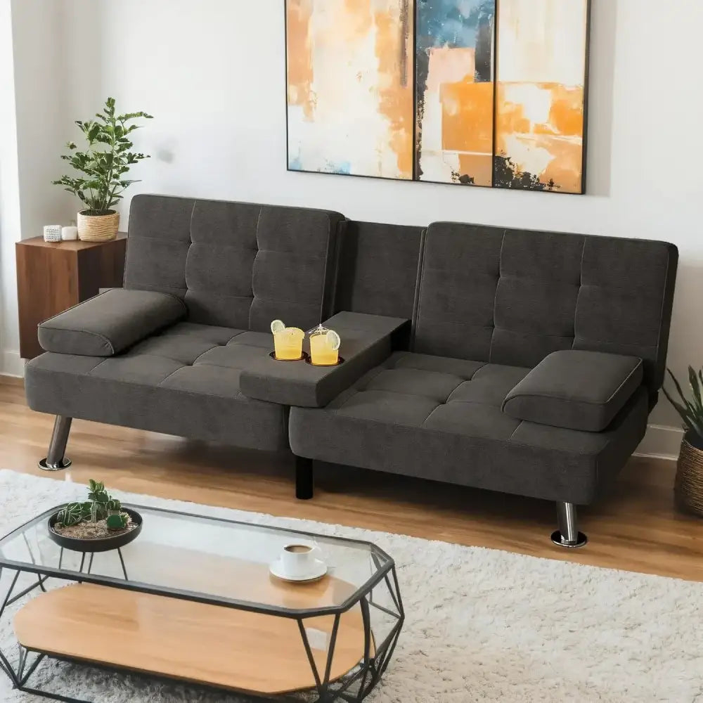 Modern Linen Futon Sofa Bed – 3 Positions, Removable Arms & Cup Holders
