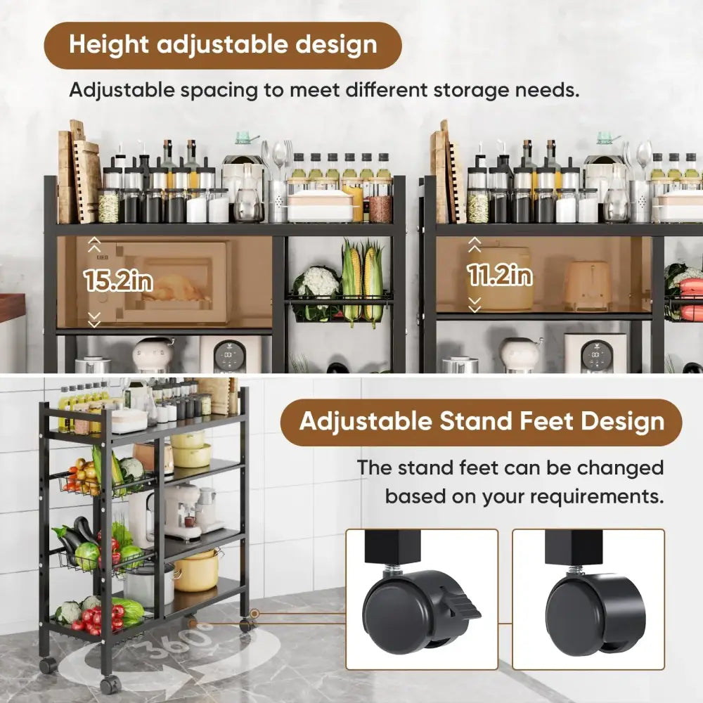 Movable Kitchen Vegetable Basket Rack 5-Tier Steel Storage with Wheels