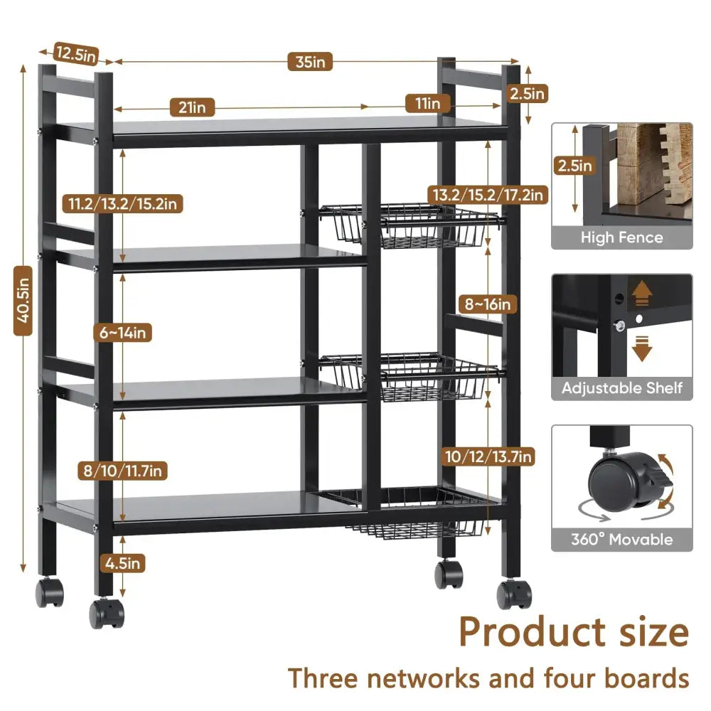 Movable Kitchen Vegetable Basket Rack 5-Tier Steel Storage with Wheels