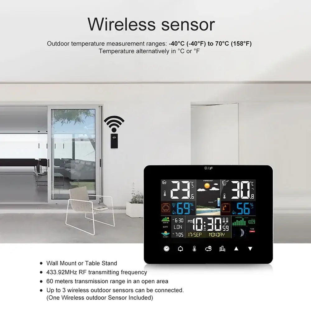 Multifunctional Weather Station Alarm Clock – Touch Screen Thermometer, Hygrometer, Wireless Sensor, Sunrise & Sunset Display