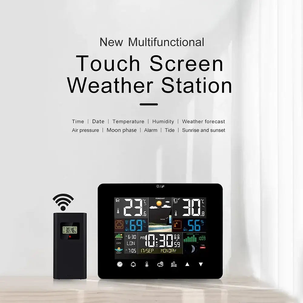 Multifunctional Weather Station Alarm Clock – Touch Screen Thermometer, Hygrometer, Wireless Sensor, Sunrise & Sunset Display